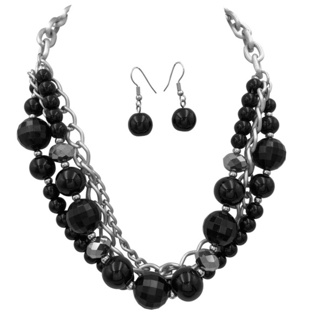 Layered Black Bead Chain Necklace Earrings Set
